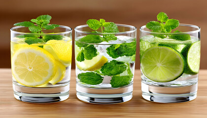 Fototapeta premium Three glasses of refreshing citrus-mint infused water
