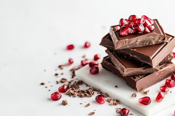 Dark Chocolate Bars Stacked With Pomegranate Seeds For Decoration