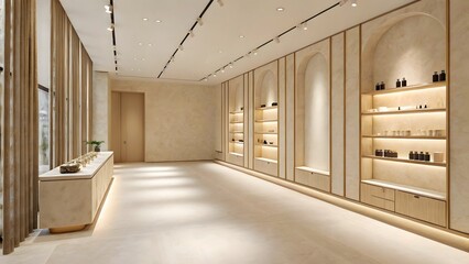Beige showroom with long dramatic shadows, perfect for skincare or fashion presentations	