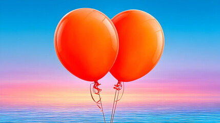 Two bright orange balloons float over a calm ocean at sunset