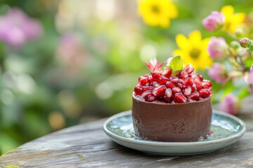A chocolate dessert topped with pomegranate seeds outside