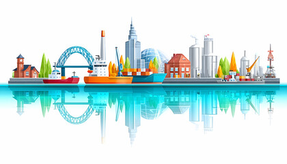 Fototapeta premium Vibrant city skyline reflected in water, showcasing harbor, bridge, and diverse architecture