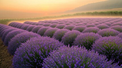Obraz premium Endless rows of lavender stretching into horizon, illuminated by warm golden hues of sunrise, scent of fresh blooms lingering air, subtle mist rolling over landscape,