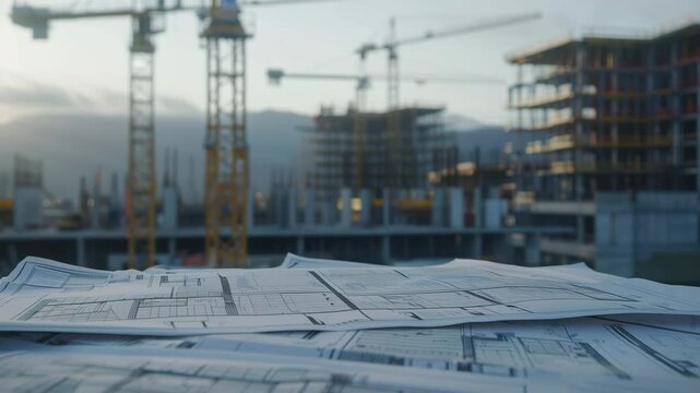 Construction site with architectural blueprints in the foreground and cranes and buildings in progress in the background.

