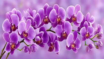 Fototapeta premium Vibrant purple orchids in full bloom on a branch against a soft background