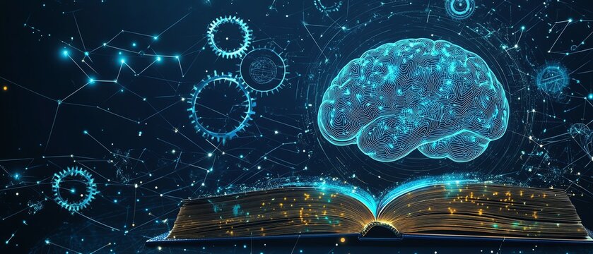 Educational concept with brain, gears, and book, symbolizing success and new ideas in online learning, generative AI technology, futuristic academic environment, ultradetailed