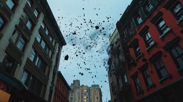 Urban debris raining down between buildings