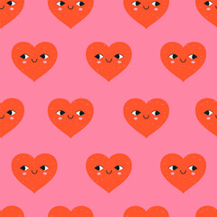 Seamless pattern with cute red hearts on a pink background. Vector graphics.