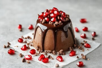 Chocolate dessert garnished with pomegranate seeds and chocolate drizzle is displayed