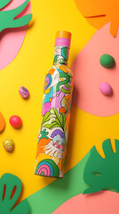 Fototapeta premium Colorful insulated bottle, vibrant design, amidst playful shapes