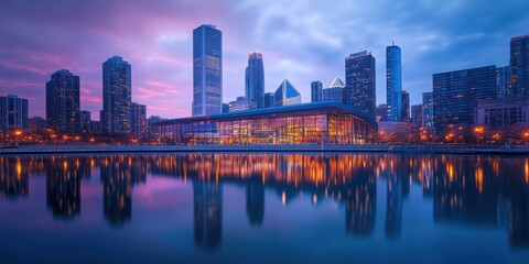 Fototapeta premium Modern City Skyline Reflection at Twilight with Purple and Blue Sky Colors