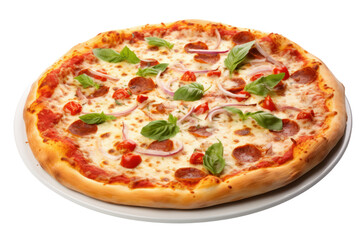 A vibrant supreme pizza with a thick crust, covered in a generous amount. Isolated on white background