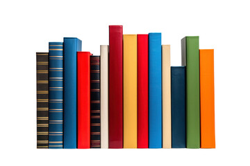 A vertical tower of books in bold primary colors, carefully balanced Isolated on white background
