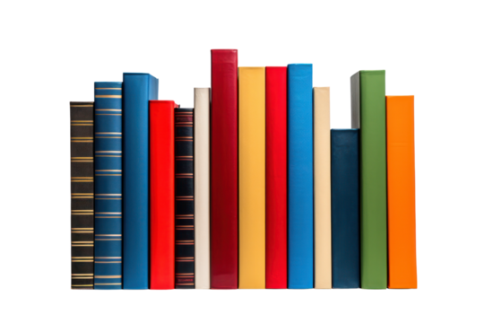 A vertical tower of books in bold primary colors, carefully balanced Isolated on white background