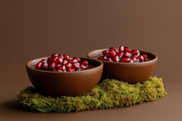 Two Bowls of Pomegranate Seeds Served on a Bed of Moss