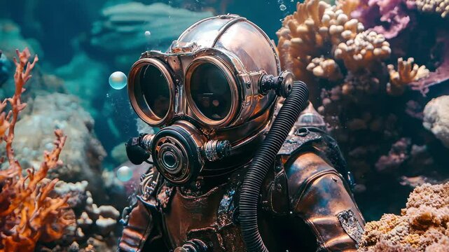 Diver exploring a vibrant coral reef in an underwater world during a bright day, Cartesian Diver