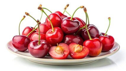 A plate of ripe red cherries fresh from the orchard ready to eat
