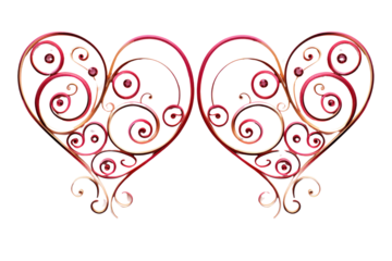 A pair of elegantly designed red hearts with intricate swirls and patterns, Isolated on white background