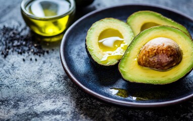 Preparing Avocado Halves with Olive Oil on a Dark Plate