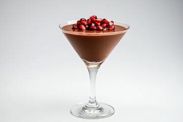 A chocolate dessert served in a martini glass with fruit