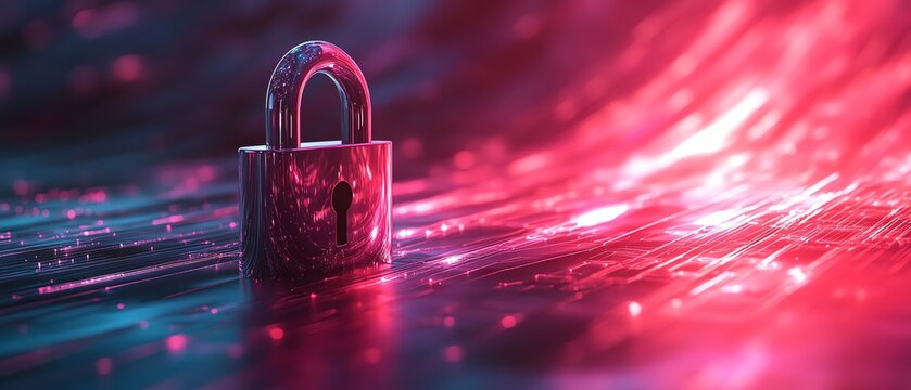 Stylized shimmering padlock on a tranquil chromatics background, 3D digital blockchain symbol, highdefinition secure technology visualization