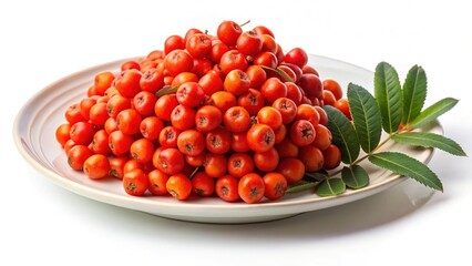 A plate of fresh ripe rowan berries with green leaves