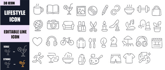 Lifestyle Icons Set – Flat Line Icons for Health, Fitness, Travel, Food & Daily Life