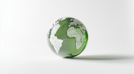 Fototapeta premium A green crystal globe with the world map engraved on it, standing in front of a white background