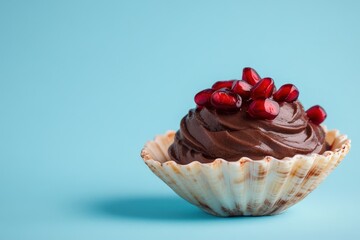 A chocolate dessert topped with red fruit inside a shell