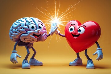 Fototapeta premium Cartoon Brain and Heart Giving a High Five