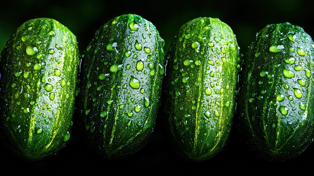 Four fresh green pointed gourds glistening with water droplets are arranged in a row against a dark background showcasing their vibrant texture and color.