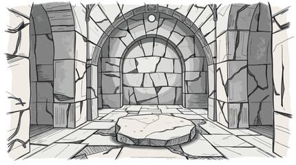 Illustration of a castle room with stone walls and a maze-like layout featuring a blocked exit