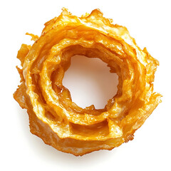 Fototapeta premium Golden and crispy onion rings with a perfectly seasoned coating and tender onion inside, isolated white background, modern art style