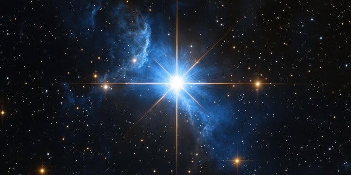 Shining Blue Star with Diffraction Spikes and Nebula Clouds in Deep Space Background