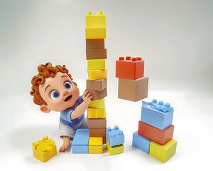 Obraz premium Adorable Toddler Playing with Colorful Building Blocks Tower Construction Fun