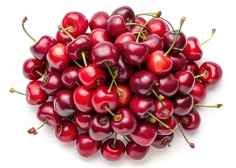 A large pile of ripe red cherries on a white background showing their vibrant color and juicy texture