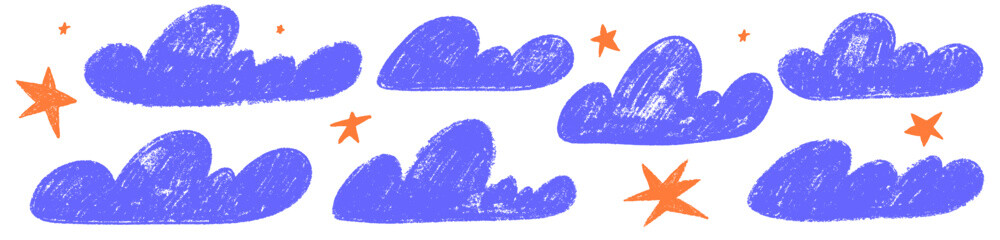 Crayon cloud texture with blue sky and star. Crayon kid scribble naive design. Blue cloud with chalk texture. Vector illustration