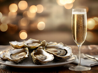 A  fresh oysters with a glass of champagne.