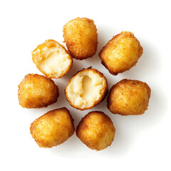 Golden and crispy potato croquettes with a perfectly fried exterior and creamy mashed potato filling inside, isolated white background, hyperrealism art style