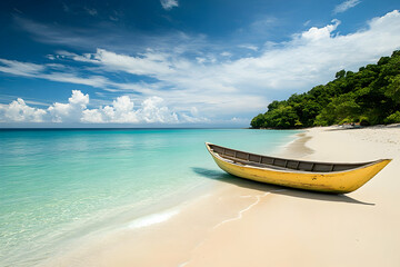 Naklejka premium A tranquil tropical beach scene with a yellow wooden boat.