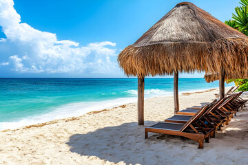 A tropical beach paradise with thatched umbrellas and sun loungers.