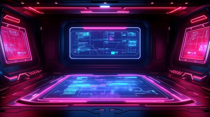 Obraz premium Futuristic interior illuminated with bright neon colored graphical interfaces