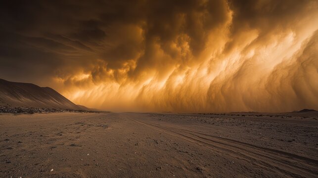 A ferocious dust storm rolling over an abandoned desert valley, massive clouds of sand shifting dynamically, surreal lighting creating a