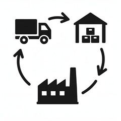 A minimalist design illustrating a circular flow pattern of interconnected arrows, each representing a step in the supply chain