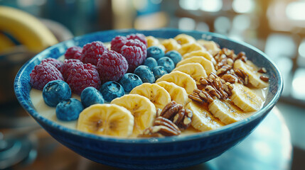 A vibrant and healthy breakfast bowl features creamy yogurt topped with fresh raspberries blueberries banana slices and crunchy pecans in a blue bowl.