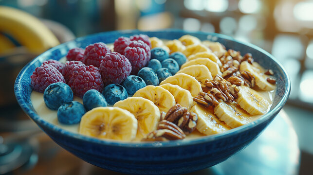 A vibrant and healthy breakfast bowl features creamy yogurt topped with fresh raspberries blueberries banana slices and crunchy pecans in a blue bowl.