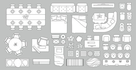 Furniture outline top view. Floor plan icons set for design interior and architectural project. Furniture thin line icon in top view for layout. © senja