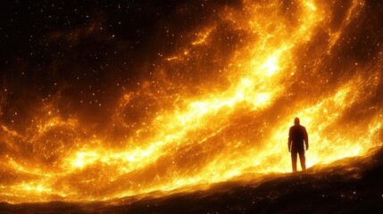 Fototapeta premium Solitary figure confronts fiery cosmic expanse