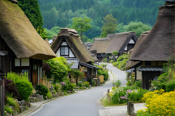 A charming village with traditional thatched-roof houses.