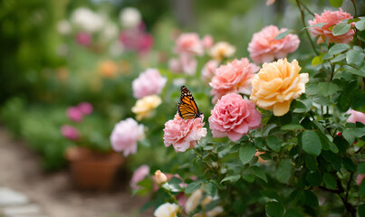 A beautiful flower garden with roses of various colors and butterflies, Generative AI